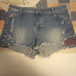 SHEIN Blue Distressed Jean Shorts with Star and Stripe Details